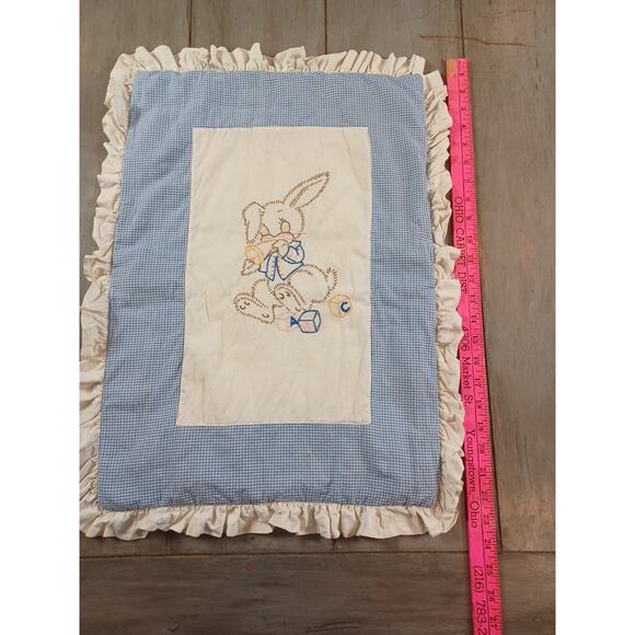 Vintage Embroidered Handmade Bunny Baby Padding Retro Blue Cushion ABC - Picture 3 of 6